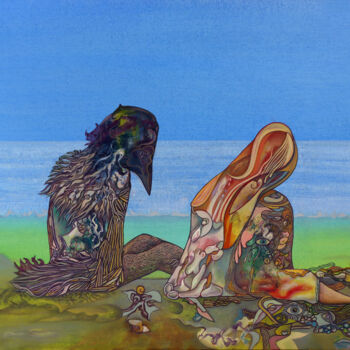 Картина под названием "The Crow And The Gi…" - Aeon, Подлинное произведение искусства, Масло Установлен на Деревянная рама д…