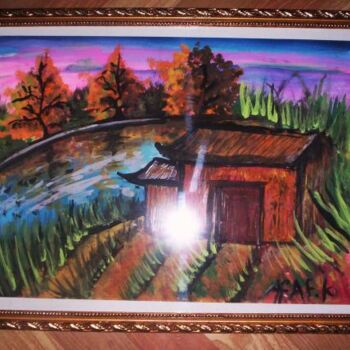 Painting titled "between farms" by Afaf Khalil, Original Artwork, Oil