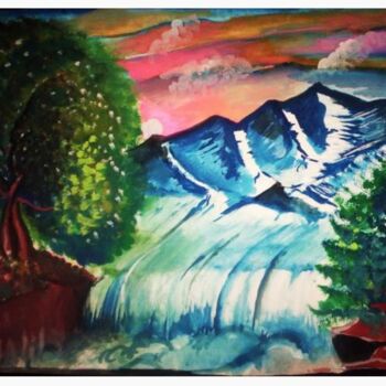 Painting titled "The Waterfall" by Afaf Khalil, Original Artwork, Watercolor