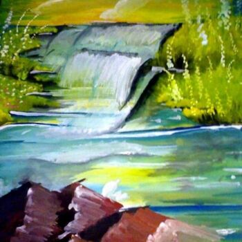 Painting titled "Smooth Waterfall" by Afaf Khalil, Original Artwork, Gouache