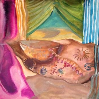 Malerei mit dem Titel "Inside the Tent" von Afaf Khalil, Original-Kunstwerk, Aquarell