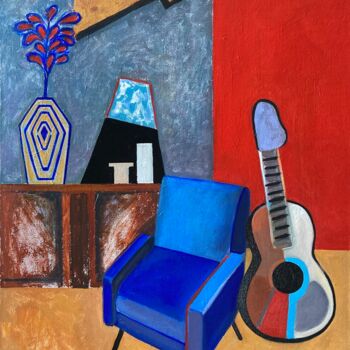 Картина под названием "Interior with blue…" - Olga Afanasiadi, Подлинное произведение искусства, Масло Установлен на Деревян…