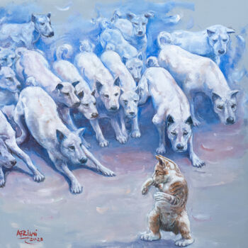 Painting titled "ready to fight and…" by Afriani, Original Artwork, Oil Mounted on Wood Stretcher frame