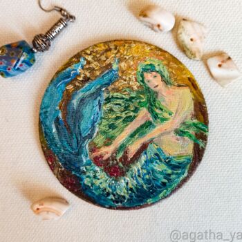 Painting titled "Caught a mermaid" by Agatha Ya Sokolova, Original Artwork, Oil Mounted on Wood Panel