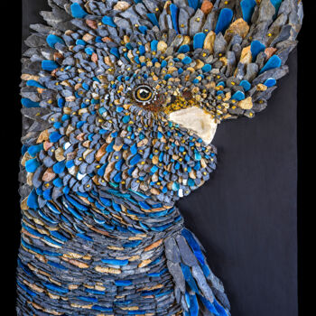 Sculpture titled "Cacatoès 3" by Agnès Couret, Original Artwork, Mosaic Mounted on Wood Panel