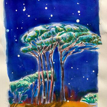 Dessin intitulée "Des pins la nuit" par Agnes D'Andon, Œuvre d'art originale, Encre