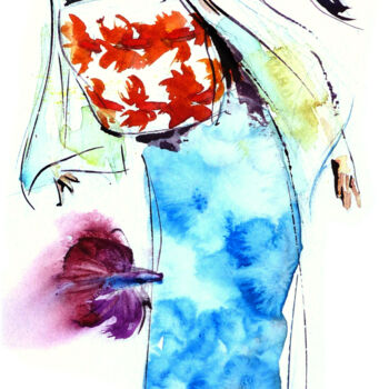 Картина под названием "Japonaise aux poiss…" - Agnès Grégis (Au pinceau dansant), Подлинное произведение искусства, Акварель