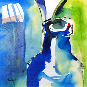 Schilderij getiteld "La Bouteille bleue" door Agnès Grégis (Au pinceau dansant), Origineel Kunstwerk, Aquarel