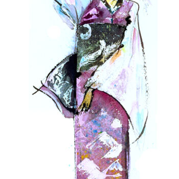 Pintura intitulada "Japonaise "Un air d…" por Agnès Grégis (Au pinceau dansant), Obras de arte originais, Aquarela