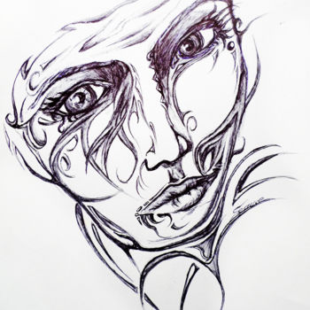 Tekening getiteld "visage au stylo bil…" door Agnès Séauve, Origineel Kunstwerk, Balpen