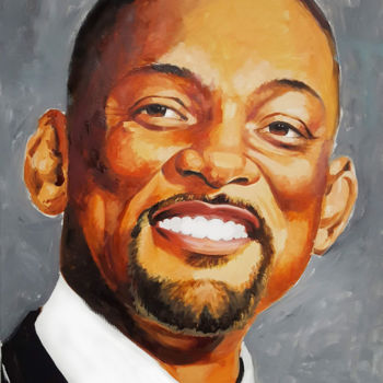Painting titled "portrait Will Smith" by Agnès Borg-Burglen, Original Artwork, Oil Mounted on Wood Stretcher frame