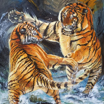 「les deux tigres " T…」というタイトルの絵画 Agnès Borg-Burglenによって, オリジナルのアートワーク, アクリル