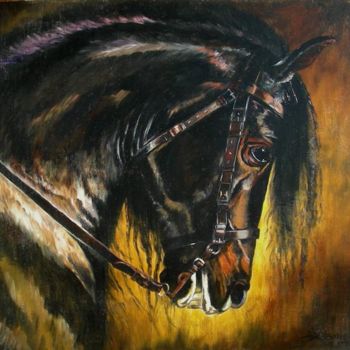 Painting titled "cheval noir" by Agnès Borg-Burglen, Original Artwork, Oil