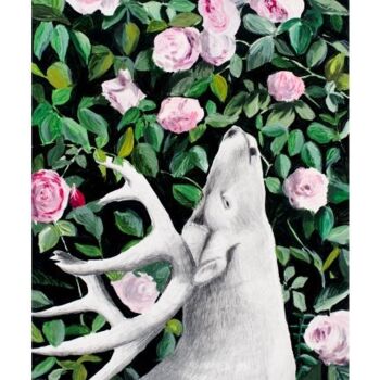 Peinture intitulée "Le Cerf et les Roses" par Agnieszka Zuchowska, Œuvre d'art originale, Gouache