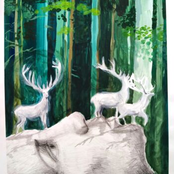 Drawing titled "Les Cerfs blancs. f…" by Agnieszka Zuchowska, Original Artwork, Gouache