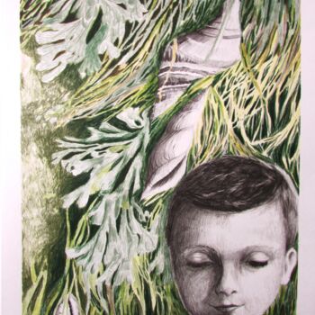Dessin intitulée "garçon coquillages…" par Agnieszka Zuchowska, Œuvre d'art originale, Conté