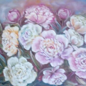 Painting titled "Pivoines en fleurs" by Alla Hryshchuk (Aida Allay), Original Artwork, Oil