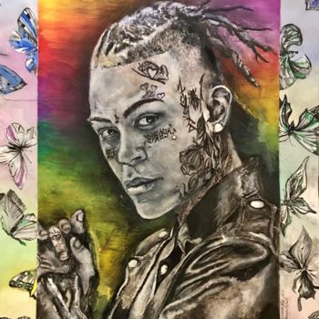 Collages titled "Lil Skies portrait" by Evgeniia Leshcheva, Original Artwork, Acrylic Mounted on Cardboard