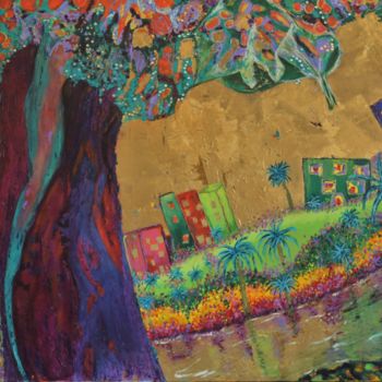 Pittura intitolato "paysage à l'arbre v…" da Arnaud Guibé, Opera d'arte originale, Acrilico