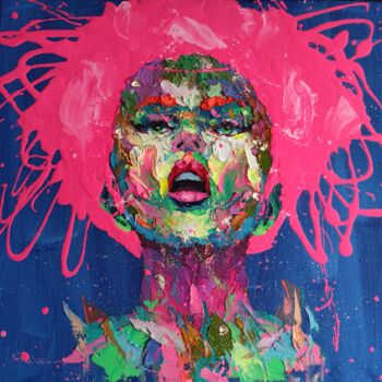 Картина под названием "Pink hair electric" - Agusil, Подлинное произведение искусства, Масло