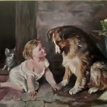 Painting titled "Baby and dog" by Agvan Saakian, Original Artwork, Oil