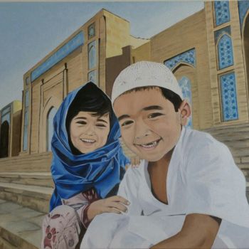 Painting titled "Children of Bukhara" by A.Gökhan Yaşar, Original Artwork, Oil Mounted on Wood Stretcher frame