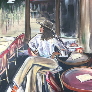 Painting titled "waiting at the cafe" by Aisha Haider, Original Artwork, Acrylic