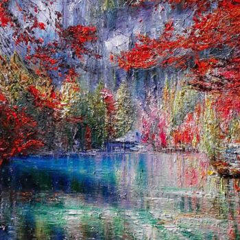 Painting titled "Lake and Red Tree" by Ahmad Ahid, Original Artwork, Acrylic