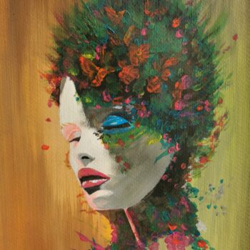 Pintura intitulada "Femme en fleurs" por Ahmad Bader, Obras de arte originais, Acrílico Montado em Outro painel rígido