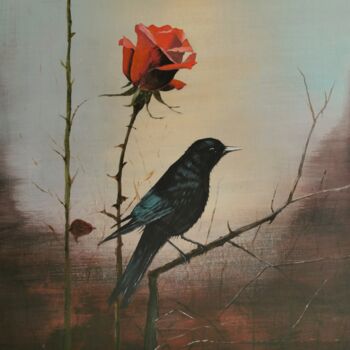 Painting titled "L'oiseau à la rose" by Ahmad Bader, Original Artwork, Acrylic Mounted on Cardboard