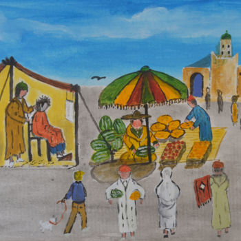 Pintura intitulada "un coté du souk heb…" por Ahmed Fertat, Obras de arte originais, Acrílico