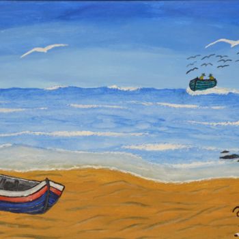 Painting titled "plage en octobre670…" by Ahmed Fertat, Original Artwork, Oil