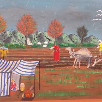 Peinture intitulée "paysan labourant et…" par Ahmed Fertat, Œuvre d'art originale, Huile