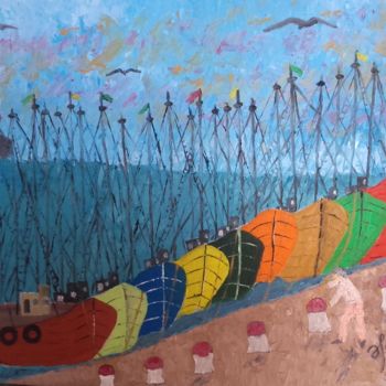 Painting titled "embarcations-a-quai…" by Ahmed Fertat, Original Artwork, Oil