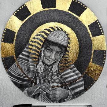 Tekening getiteld "golden portrait v" door Ahmed Mejbri, Origineel Kunstwerk, Balpen