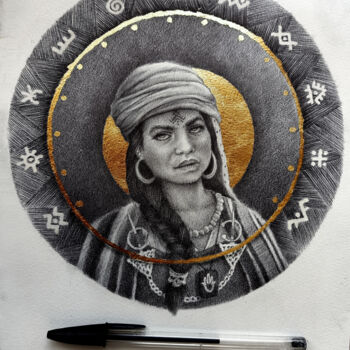 Drawing titled "golden portrait IV" by Ahmed Mejbri, Original Artwork, Ballpoint pen