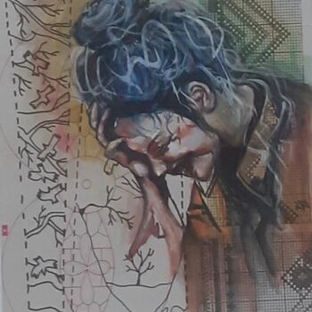 제목이 "Fou rire"인 미술작품 Ahmed Zaibi로, 원작, 수채화 목재 패널에 장착됨