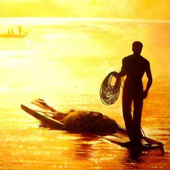 Painting titled "Fisherman in Sunset" by Ahmed Zohaib, Original Artwork, Acrylic