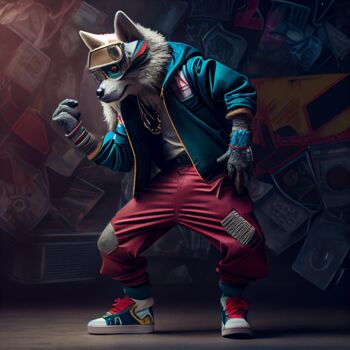 Digital Arts titled "Hip Hop Wolf" by Jérôme Mettling, Original Artwork, AI generated image