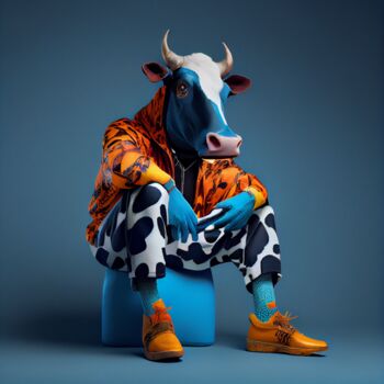 Arts numériques intitulée "Hip Hop Cow" par Jérôme Mettling, Œuvre d'art originale, Image générée par l'IA