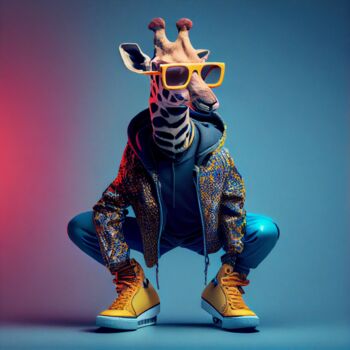 Arte digitale intitolato "Fun Hip Hop Giraffe" da Jérôme Mettling, Opera d'arte originale, Immagine generata dall'IA