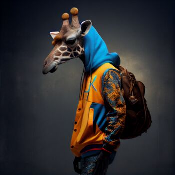 Digitale Kunst getiteld "Hip Hop Giraffe Por…" door Jérôme Mettling, Origineel Kunstwerk, AI gegenereerde afbeelding