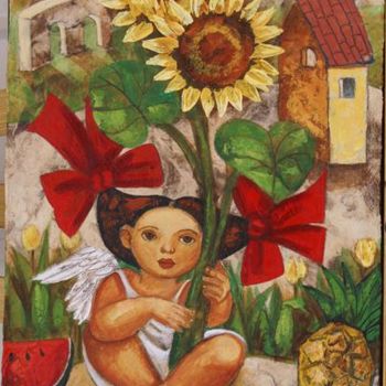 Pintura titulada "Angel y Girasoles" por Aida Emart, Obra de arte original, Acrílico