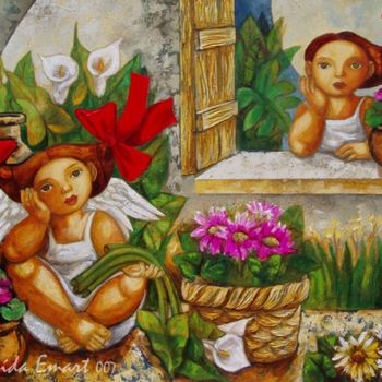 Pintura titulada "Angel de las Flores" por Aida Emart, Obra de arte original, Acrílico