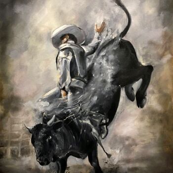 Painting titled "Чёрный бык" by Aida Maksudova, Original Artwork, Oil Mounted on Wood Stretcher frame