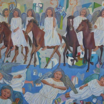 Schilderij getiteld "Riders" door Ainagul Isaeva, Origineel Kunstwerk, Olie