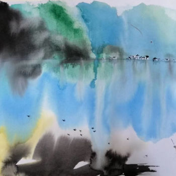 Malerei mit dem Titel "The river" von Aj Art, Original-Kunstwerk, Aquarell