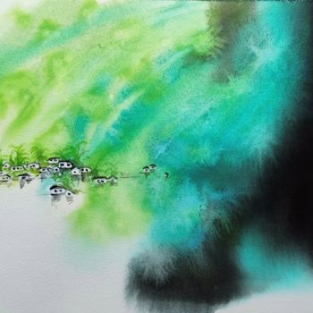 Malerei mit dem Titel "The water town II" von Aj Art, Original-Kunstwerk, Aquarell