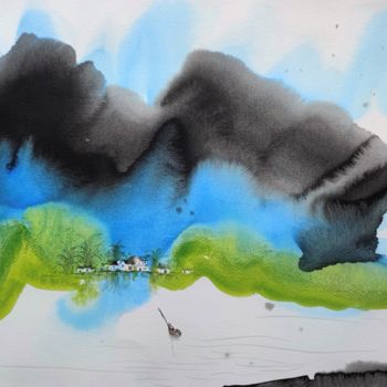 Malerei mit dem Titel "Water town" von Aj Art, Original-Kunstwerk, Aquarell