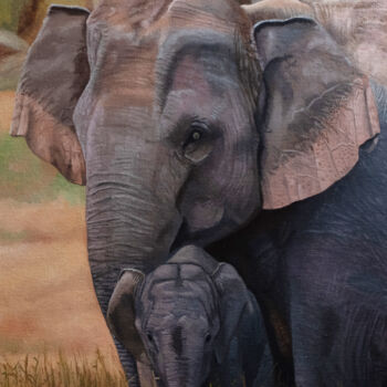 Painting titled "Mother & Baby Eleph…" by Ajay Ravindran, Original Artwork, Oil Mounted on Wood Stretcher frame